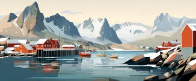 A clipart-style representation of the Lofoten Islands. The depiction showcases the distinct, jagged mountain peaks and the rorbu, traditional fishing huts painted a rich red. The foreground is filled with abstracted shapes of the shoreline. The color palette is a mix of cool blues, greys for the mountains, and red for the huts.