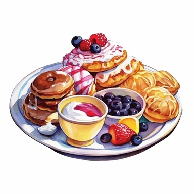watercolor dessert dish with cakes, candy, and other treats, in the style of realistic watercolors, cartoon mis-en-scene, colorful still lifes, wimmelbilder, purism, nikon af600, mural painting Clipart desert cartoon t-shirt graphic, vector,contour, isolated on a white background