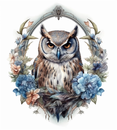 DESIGN A MAGNIFICENT AND EXQUISITE BREATHTAKING ONE-OF-A-KIND HIGH QUALITY HIGHLY DETAILED MASTERPIECE WATERCOLOR CLIPART ILLUSTRATION OF owl on circular frame design, in the style of gothic grandeur, rotcore, birds & flowers, light brown and blue, massurrealism, gothic references, gemstone, WHITE BACKGROUND