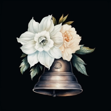 Solid black background, Detailed watercolor clipart, wedding bell with white flowers