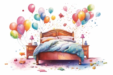 Watercolor, Create a surreal bedroom with balloons replacing furniture and decorations. clipart, hd, on a white background, spaced out
