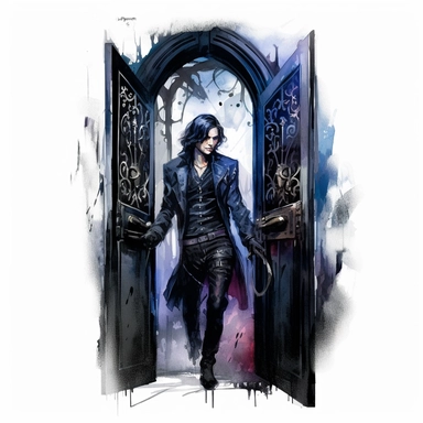 a goth prince muscular and attractive leaves the room through a door gothic atmosphere evening hours watercolor Clipart