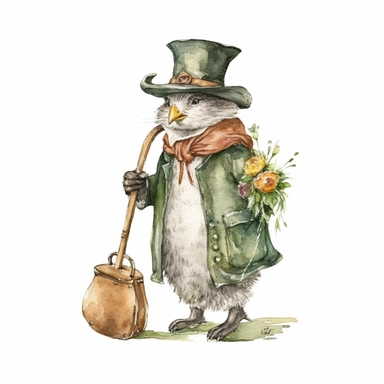 a Cute Happy Penguin in the style of Watercolor Kate Greenaway Clipart, White Background