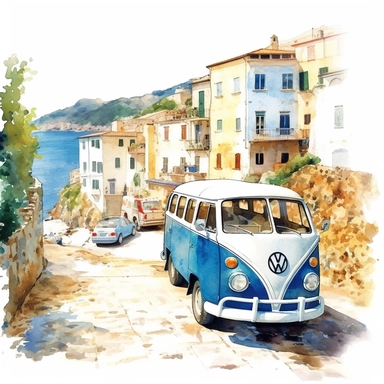 watercolor romantic greecland style volkswagen bus clipart Corfu, with a greece village in the background and the car is on a cobblestone road, the background is emphasized, realistic greek view, clipart, white background