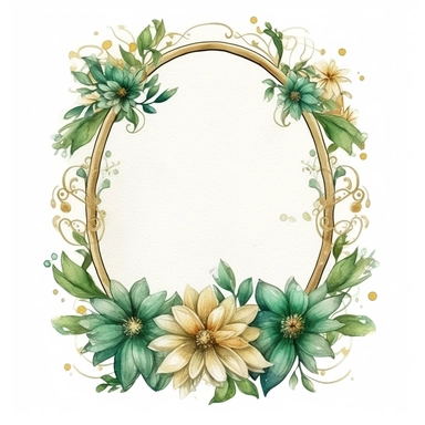 watercolor clipart of a empty suttle dainty floral oval frame surrounded by gold color flowers and emerald green flowers. Capture the essence of blooming beauty and intricate details in your artwork, white background