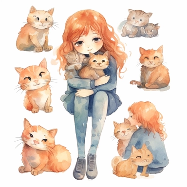 multiple poses characters of a girl hug her cat , watercolor in cartoon grunge style clipart on white background