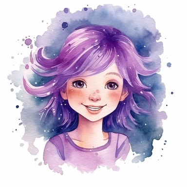 watercolour clipart of a girl with purple hair , she is the catalyst for her group shared common dreams, binding the girls together. She is direct, occasionally sharp-tongued, and highly empathetic. With a heart full of compassion, she never hesitates to lend a helping hand to anyone in need. She`s dedication to their craft is unparalleled, make her smiling, exalted mood, white background, 8k, f1