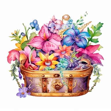 clipart, isolated on white background, Watercolor spring treasure chest with jewelry, detailed, beach, flowers and plants, ornated, vivid and vibrant and saturated colors