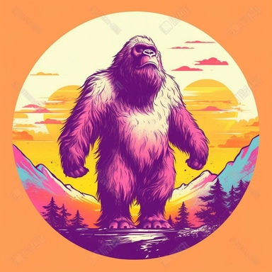 Artwork for t shirt graphic of majestic vibrant color magnificent funny big foot, in a pencil drawing style, A vibrant featuring a sun, with a soft pink sky and a hint of orange in the horizon white background, colorful shades, Centered, highly detailed c