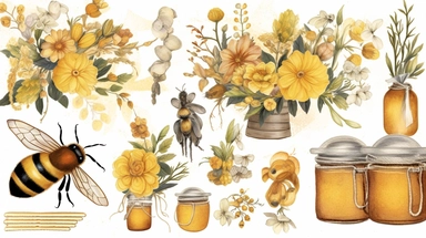 Watercolor honey bee clipart, beehives and flower arrangements, in the style of luxurious fabrics, golden hues, storybook-like, bloomcore, gold leaf accents, precis thin lines, pastoral charm, digital print, beatrix potter