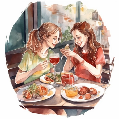 watercolor, hyper realistic, white background, white margins, 16k, ultra detailed clipart, cut out image, hand-drawn illustration style for picture books 2 girls with warm red tones, enjoying a meal together at a bistro table, disney style