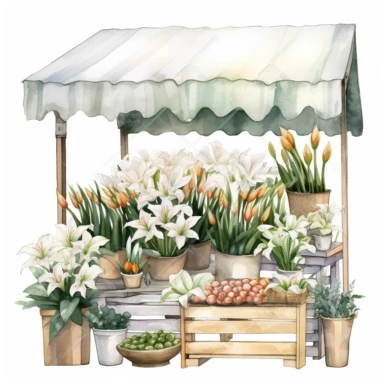 a flower market stall with white lilies, digital watercolor illustration, white background clipart