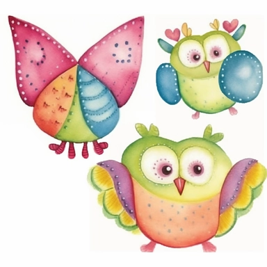 4 cute whimsical owls, simplified, doodled by a child, folk art, watercolor texture, soft brush strokes, clipart on white background, high resolution, free margins
