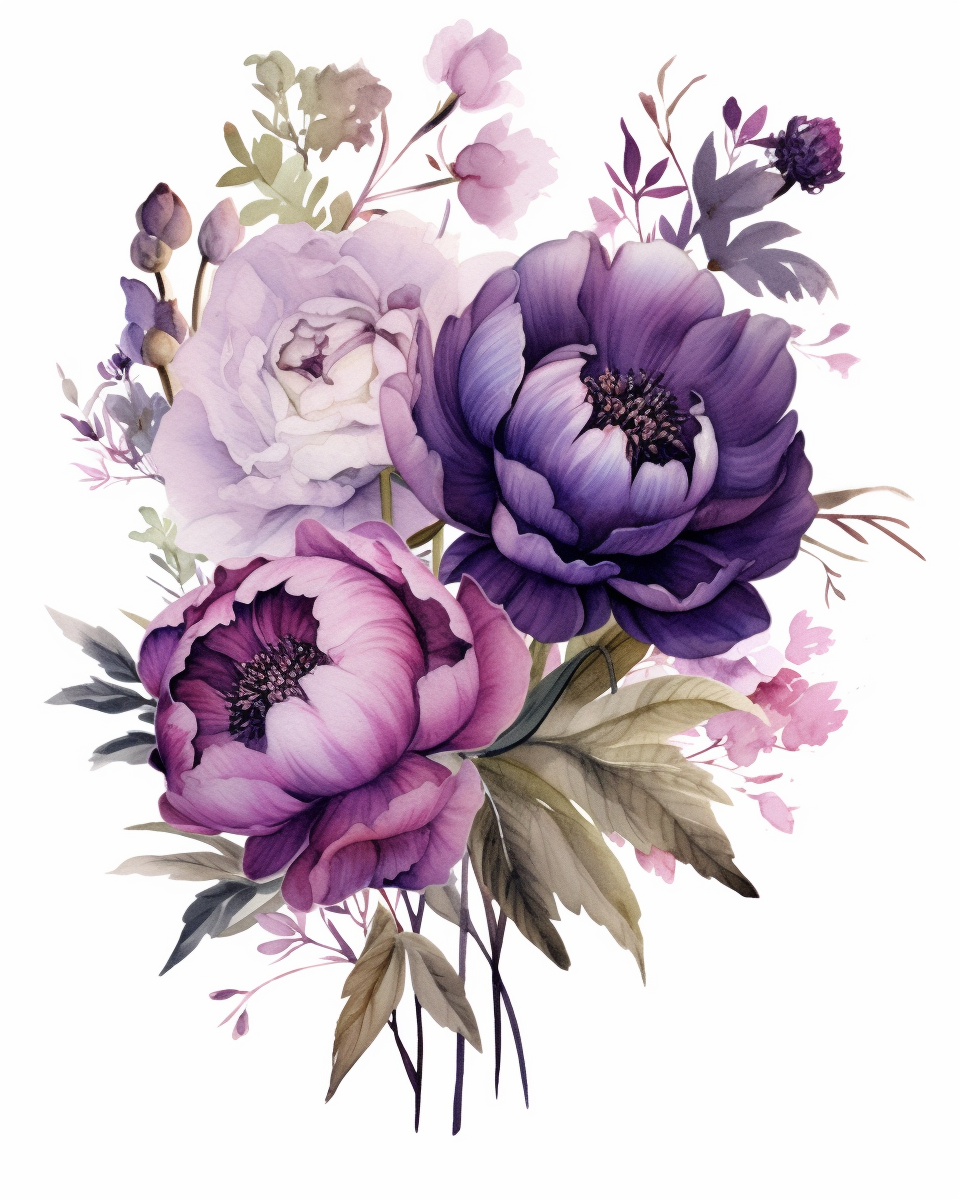 Watercolor Dark Purple Florals, Individual Items, Watercolor Floral ...