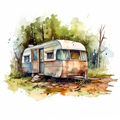 watercolor clipart post apocaypse camper overgrown nature abandoned