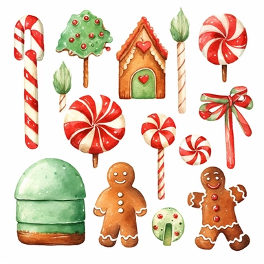 watercolour of a variety of Christmas Candies and cookies. Red and Green Gumdrops, Candy Canes, Peppermints, ginger breads, ribbon candy, clipart variations, simple, vector, 8k