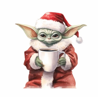 white background Clipart watercolour style cute Christmas yoda wearing a fluffy Santa suit and hat drinking a mug of hot chocolate