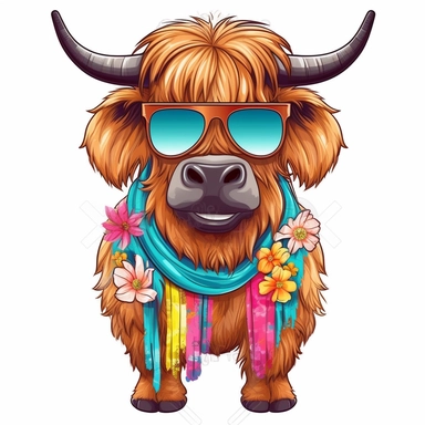 Highland cow wearing sunglasses and a Hawaiian lei, full body, clip art, detailed, cute, bold, bright, colorful, vector art, clean, neat, white background