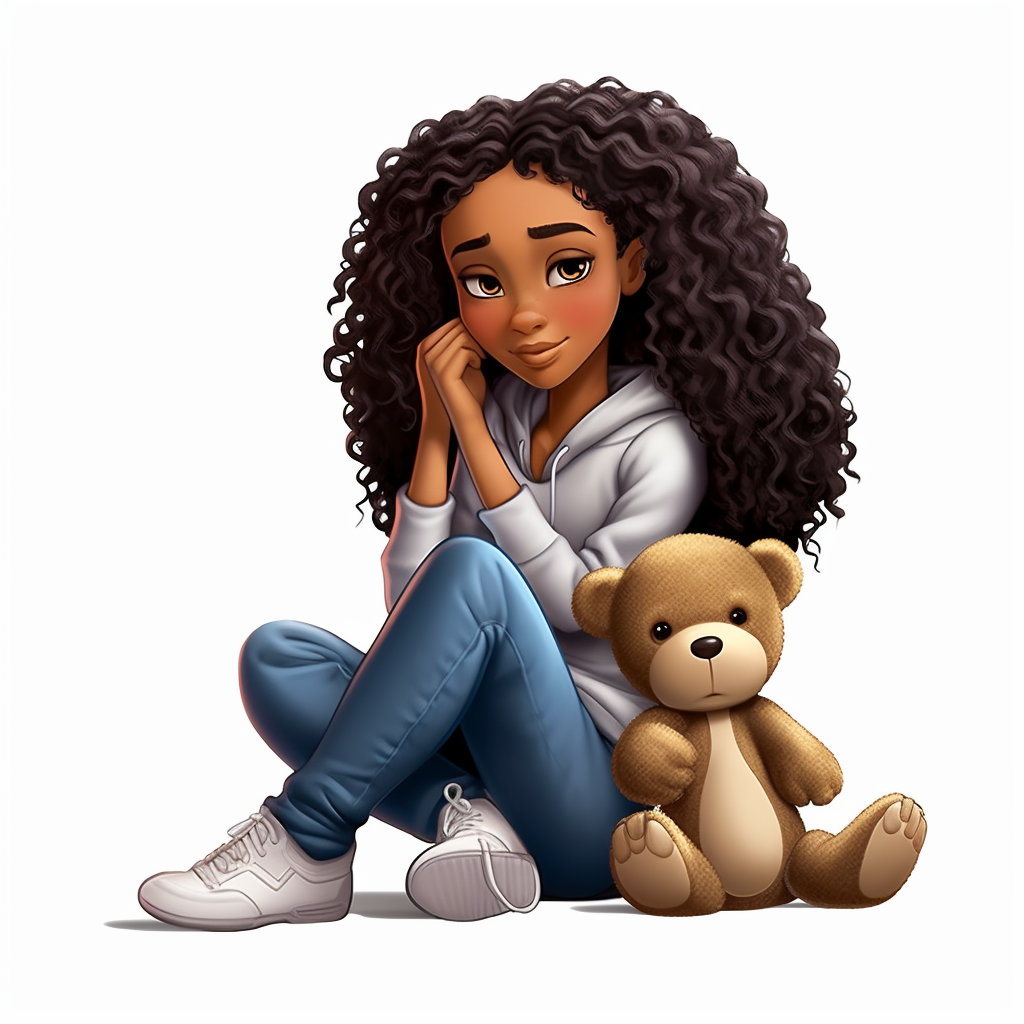 3D toy of a young happy black girl sitting down hugging a teddy bear in ...