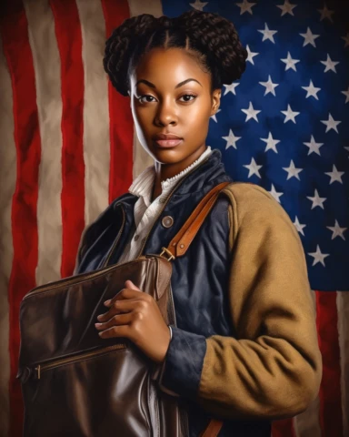 Digital cartoon of Patriotic, Make America Great Again theme 2023 Norman Rockwell digital illustration of a Beautiful 25 year old African American woman with Beautiful braids and a USA Flag png file, sublimation, conservative fashion Nova Model Black Woman Clipart, Large Handbag, African American Female,