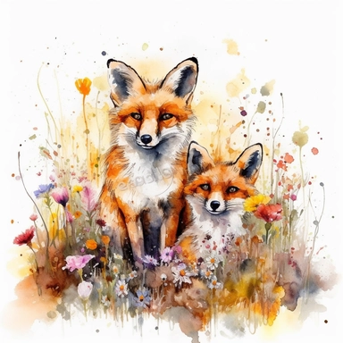 Foxes clipart white background Watercolor: In this dreamy watercolor painting, two foxes stand amidst a field of wildflowers, their fur blending seamlessly with the surrounding hues of yellow, orange, and brown. The brushstrokes are loose and free-flowing, creating a sense of movement and playfulness. The color temperature is warm and inviting, with a slight wash of pink and purple in the sky. The lighting is soft and diffused, casting a warm glow over the entire scene.