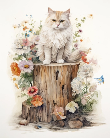 Watercolor Painting of Ragdoll cat sitting on stump surrounded by wild Texas Flowers, on white background good anatomy, DETAILED ILLUSTRATION, Flemish Baroque, Rococo, white background, Intricate Detailed, Soft Light Effect, Oil Paint Strokes, Light Academia Aesthetic Flowers, Lighting cinematic, all shown shimmering stamens, tyndall light, texture, colorful, 8k, fantasy, ray tracing, vivid, spectacular lighting, octane rendering, highly detailed, ultra - realistic, white background, clipart, su