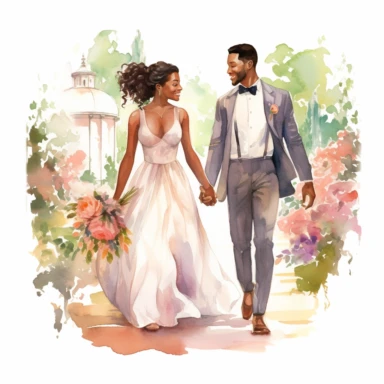African-American bride and Caucasian groom, sharing a loving gaze while strolling through a blooming garden, watercolor, Pixar style, Clipart on a white background.