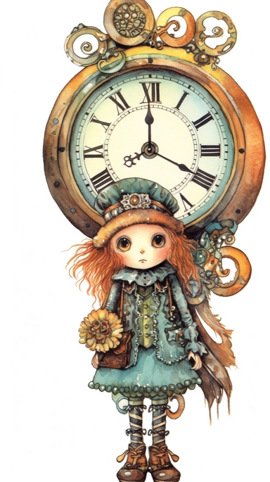 watercolor steampunk owl entire body on a steampunk clock and a cute doll illustration clipart by holly hobbie and mary engelbreit