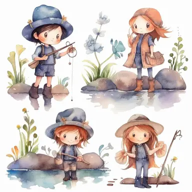 Watercolor boho fishing near a beautiful stream, illustrations clipart set, simple, soft colors, cartoon elements, different variants, cute little boy and girl fishing, separate elements with a margin