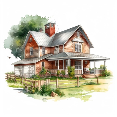farm house photorealistic clipart,on white background with margins
