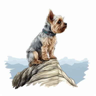 Capture the quiet majesty of a cute yorkie dog as they stand atop a mountain peak, surveying the vast expanse of land below with a sense of awe and wonder, high detail, intricate details, photorealistic, hyper realistic, vector, 8k, svg, watercolor, contour, clipart, extreme render, isolated, white border, white background ar 4:5 v5