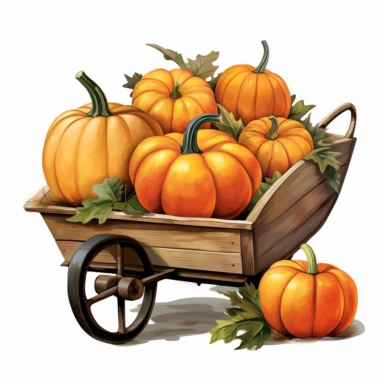 vector watercolor hyper realistic vintage fall autumn pumpkins-in-a-wheelbarrow clipart, pumpkins in a wheelbarrow, photorealistic, realistic still life style, detailed watercolor style, on white background