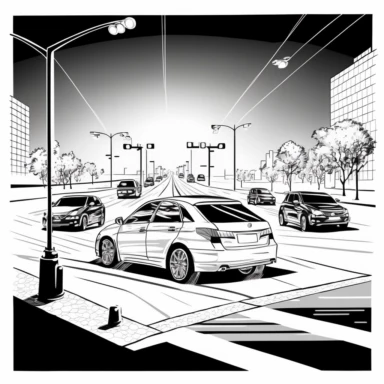busy intersection, several cars, honda accord, adobe illustrator, illustration, black and white line art, dynamic composition, forced perspective, clipart, blank background