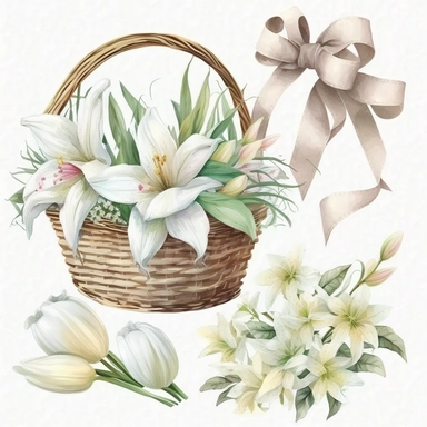 watercolor Easter lily flowers in basket, ribbon bow, Easter element, clipart, on white background