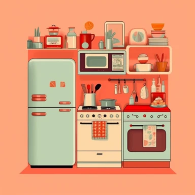 kitchen cabinets, mood, clipart design, clipart, vintage colors, small detail, retro, minimalist, Wes Anderson color