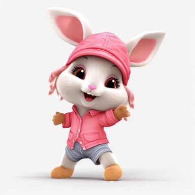 Nursery safari animal, clipart, rabbit, cute, white background, no text, no words, wearing a pink hat, dancing, happy,