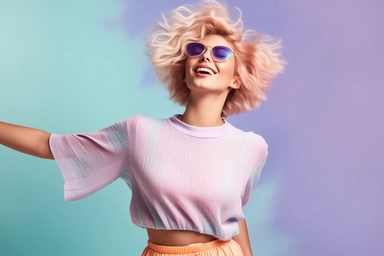 enthusiastic girl model, gesturing emotionally, pastel colour gamma, bright clothes, summer decore background, negative space composition, studio lighting, professional photo, commercial clipart