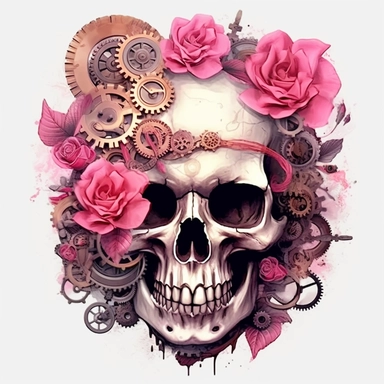 Pink Steampunk Skull Flower Sublimation Girl Clipart ,Cartoon,hyper realistic, intricate detail, illustration style,high solution,on the white background
