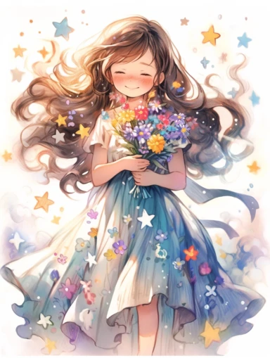 Watercolor beautiful feathers and flowers, stars and universe, exploring 10 years old girl, with smile, Full body, face side, fantasy illustration, perfect face, with beautiful face and with stars, beautiful light brown hair, beautiful face, perfect face, perfect eyes, love, flowing dress, vivid vibrant colors, intricate detail, hyper detailed, hyper quality, 32K, unreal engine, isolated on white background, kawaii, clipart, fantasy art