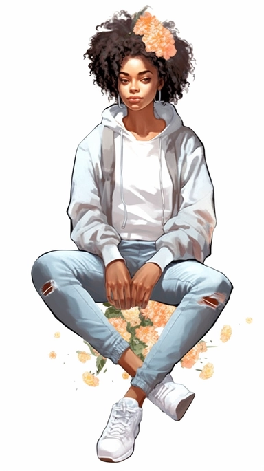 ultra detailed Black Girl Self Love Clipart, solid white background, cozy outfit, beautiful, super cute , super hot, full body shot, self love, peaceful, watercolor, floral, relaxed pose, with win glass, thick , contour, PHOTOREALISM, by ANIMATION