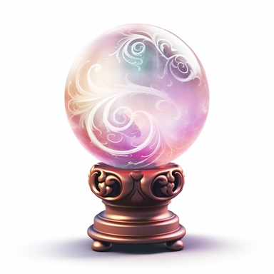 Create an enchanting clipart of a mystical crystal ball against a pristine white background. The crystal ball should have a soft, ethereal glow, held within an intricately carved pedestal. Depict swirling mists and vivid visions within the crystal ball's translucent depths.