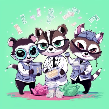skunk, a rabbit, and a raccoon in lab coats throwing money in the air, working on chemistry, Surgical mask, science glasses, clipart, Chibi and Kawaii Style, splash colorful background