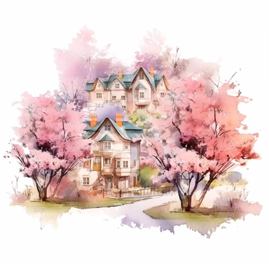 vector clipart, isolated on white background, beautiful lovely Watercolor Spring Villages, cute little houses and chestnut trees, ornated, pastel colors