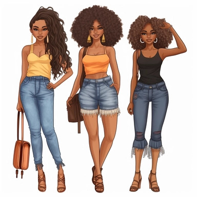 hand drawn, ultra realistic, Denim girl clipart, Denim clipart, Fashion girl clipart, wearing denim shorts, brown leather sandals, Jeans Girl Clipart, African American clipart, Afro girls clipart, Clipart, ultra realistic, hand drawn, wearing the white crop tops, all with beautiful bright smiles, Full body. Clothing line, retail fashion, 2023, fashionnova, African american, mid sized models. Highly detailed. very attractive, glamorous, make up beautiful, gorgeous, glowing make - up. full body an