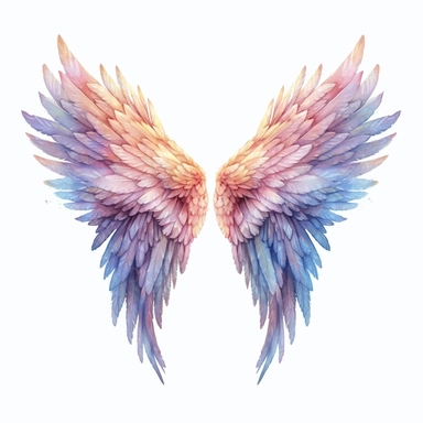 Delicate watercolor angel wings clipart, painted with soft and pastel hues, capturing the ethereal essence of celestial feathers, each feather meticulously detailed with intricate brushstrokes and subtle gradients, conveying a sense of serenity and heavenly grace, Artwork, watercolor painting on paper, 4k, detailed