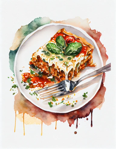 detailed watercolor lasagna on a plate with fork, realistic, isolated on white background, clipart