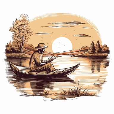 a serene clipart image showcasing a person sitting on a cozy blanket near a tranquil lake, engrossed in a book. You can add elements like a rowboat, a fishing rod resting nearby, and a gentle sunset or sunrise in the background to enhance the peaceful ambiance, isolated on white background