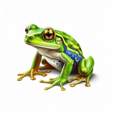 vibrant tropical green frog clipart, watercolor style, hyper realistic, detailed, white background