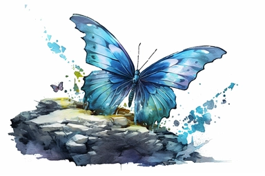 Watercolor, Generate an image of a Marine Blue butterfly perched on a seaside rock, capturing its coastal habitat, clipart, hd, on a white background, spaced out