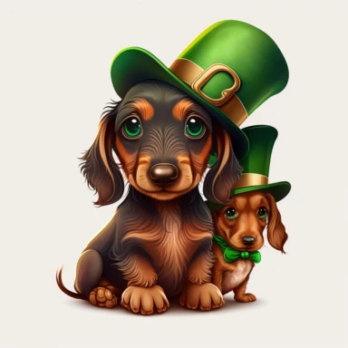 cute dachshund wearing a leprechaun hat, sitting next to a dachshund puppy cute, clipart style